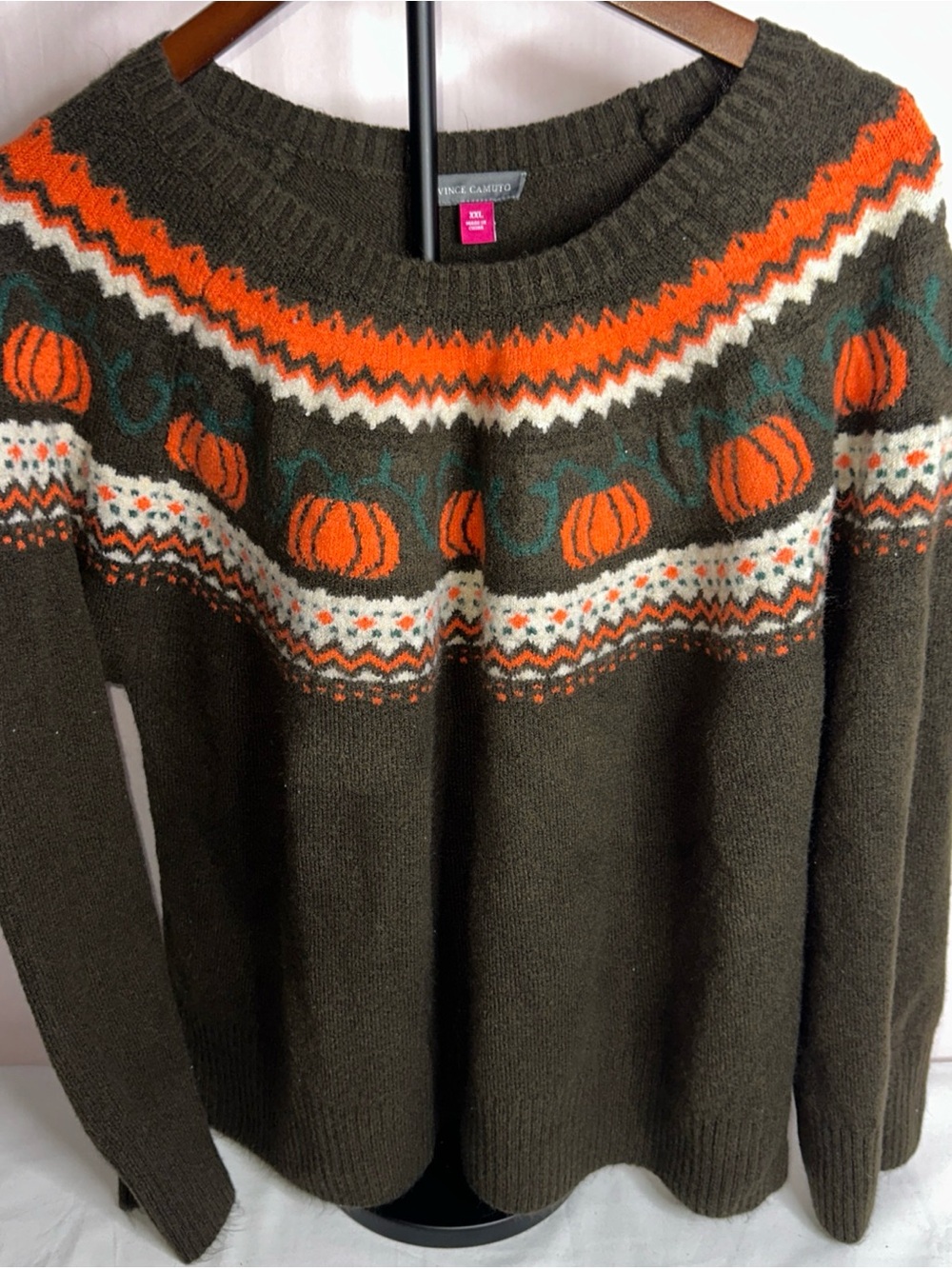Vince Camuto Olive & Orange Pumpkin Fair Isle Crew Sweater